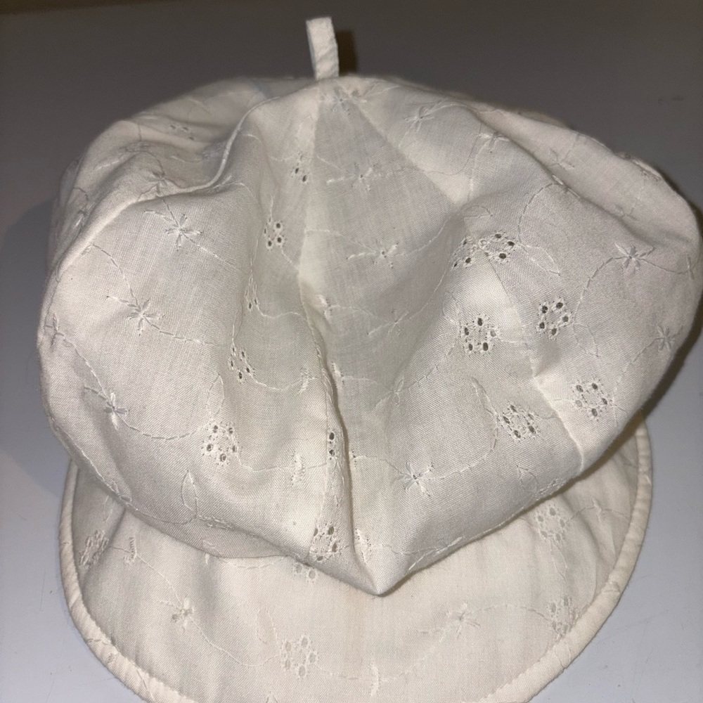 1960s 70s floral lace eyelet embroidered semi sheer white cotton news cap